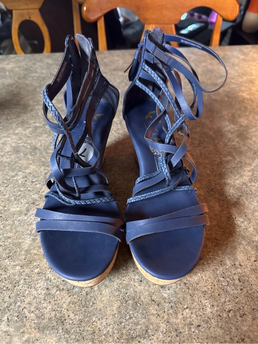 Koolaburra Navy Strappy Wedge Sandals with Braided Ankle Wrap